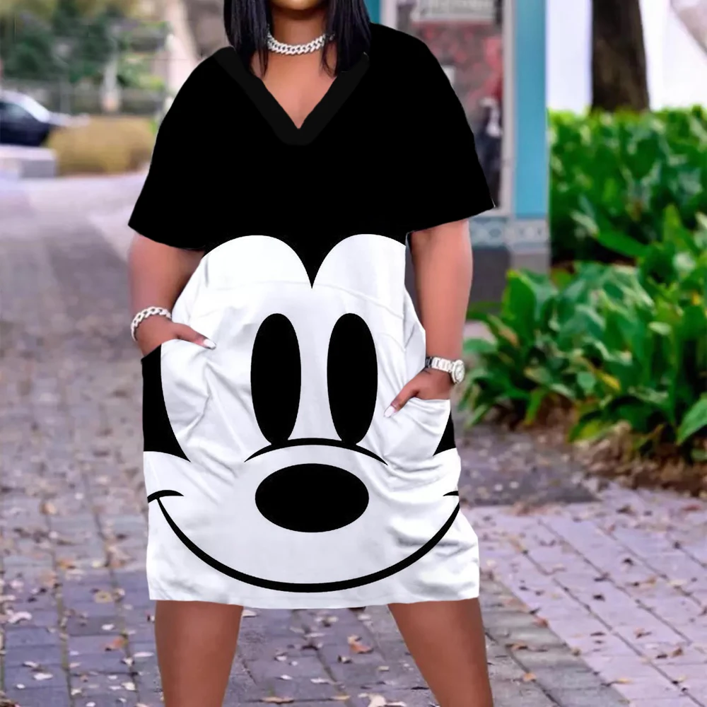 

Disney Minnie Party Dress Robe Women Short Sleeve Print Midi Dress 2022 Casual Loose Holiday Long Shirt Vestido Oversized