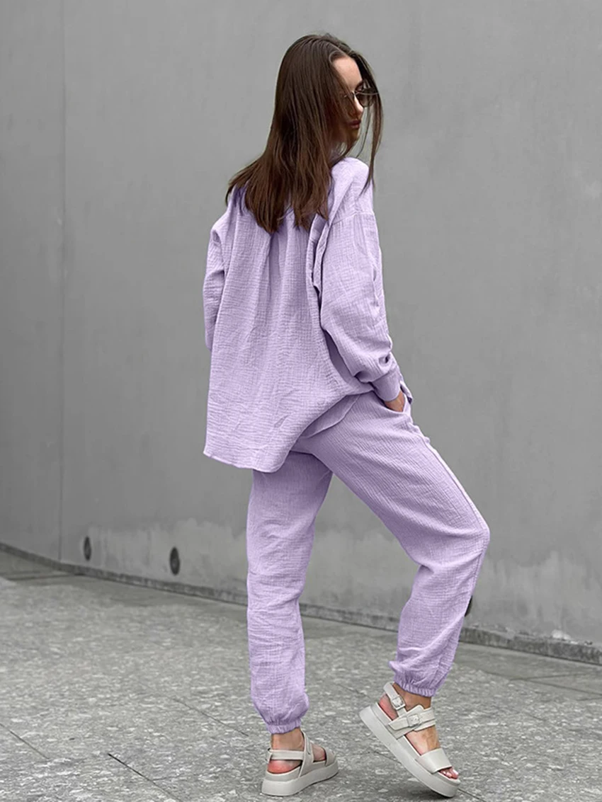 Marthaqiqi Casual Women Sleepwear 2 Piece Set Long Sleeve Nightwear Turn-Down Collar Nightgown Pants Cotton Ladies Home Clothes
