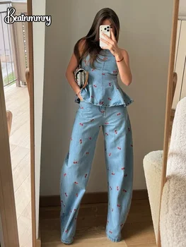 Denim Printed Sleeveless Pants 2-piece Set Women's Elegant Round Neck Fashion Short Shirt Long Pants Suits 2026 Street Outfit