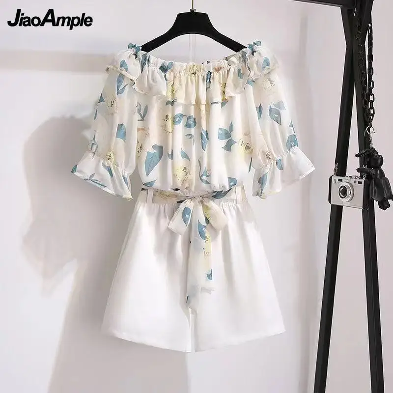 Women's Summer Shorts Suit 2022 New Casual Printed Shirt Top Pants Two Piece Korean Fashion Elegant Short Sleeve Blouse Set