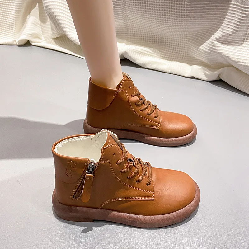 2022 Goedkope Enkellaarsjes Vrouw Lace Up Waterdichte Lederen Schoenen Voor  Vrouwen Rits Korte Laarzen Dames Platte Sneeuw Schoenen Bruin booties| | -  AliExpress