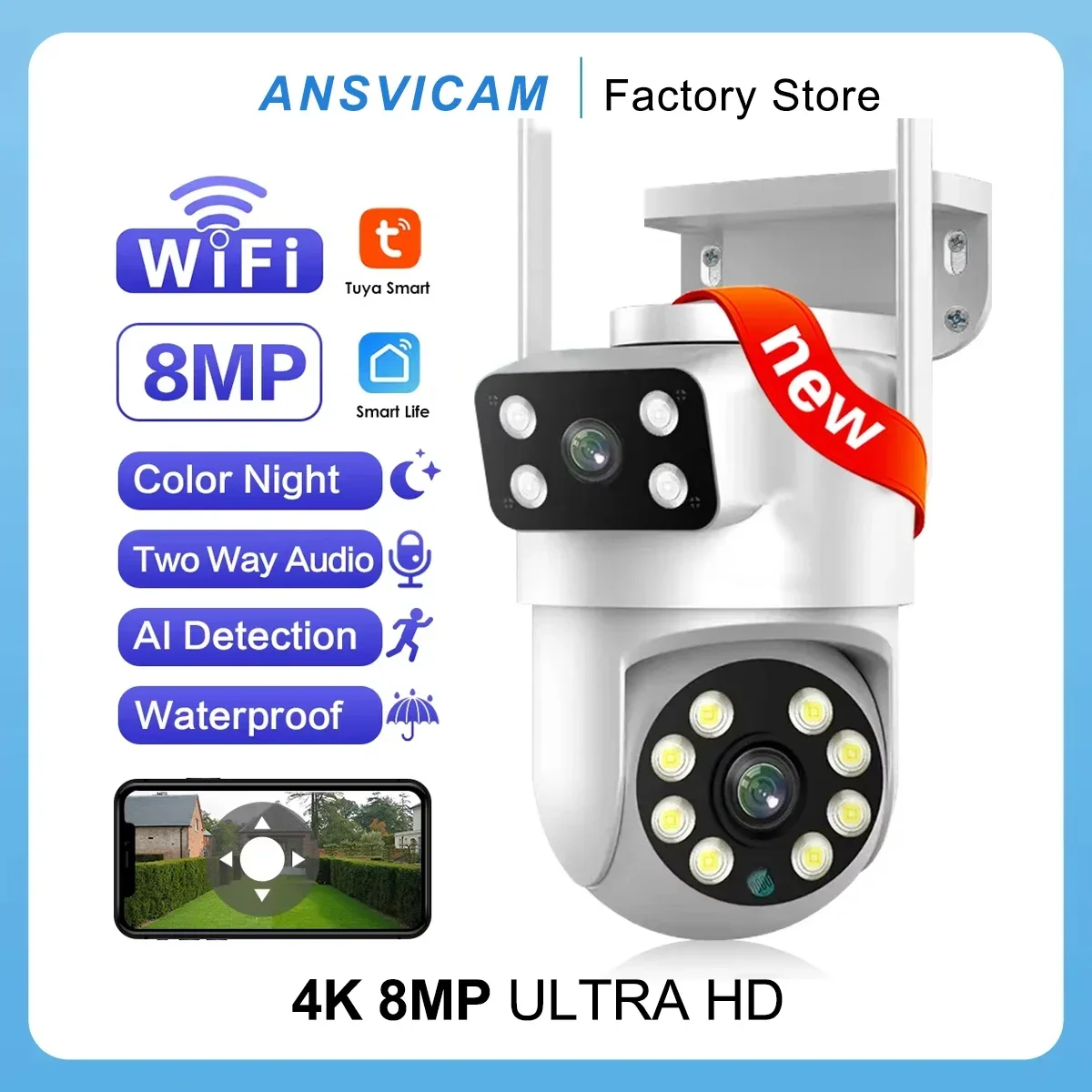 Tuya Outdoor Wireless Security IP Camera 4K 8MP HD Dual Lens External Wifi PTZ Camera Auto Tracking Street Surveillance Camera
