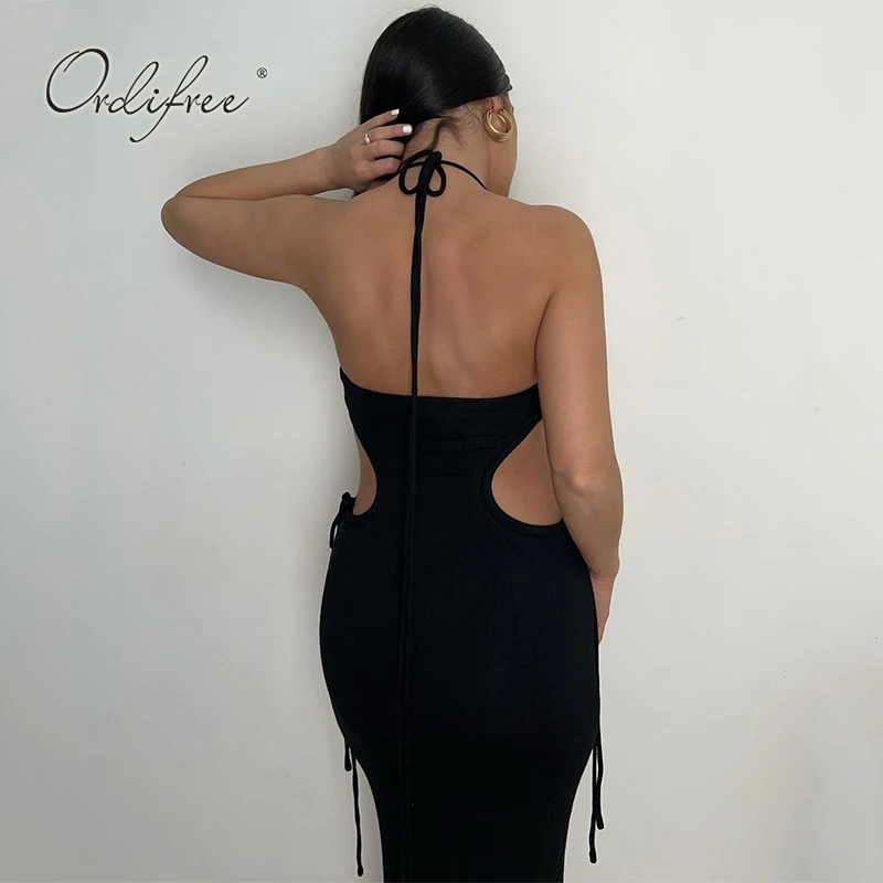 

Ordifree 2022 Summer Autumn Women Long Dress Strapless Sleeveless Solid Black Sexy Hollow Out Backless Dress