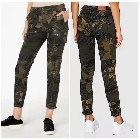 

Foreign Trade Original Order Spanish D New Women's Pants Slim Fit Heavy Industry Sequin Print Military Green Capris Denim