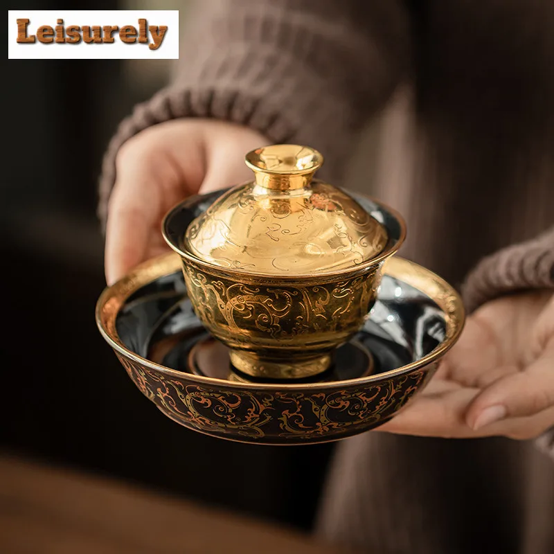 Gilded Chi Long Pattern Tea Set Complete Set Vintage Tea Ceremony Set Tea Maker Teapot And Tea Cup Set Cafes Supplies Ornaments