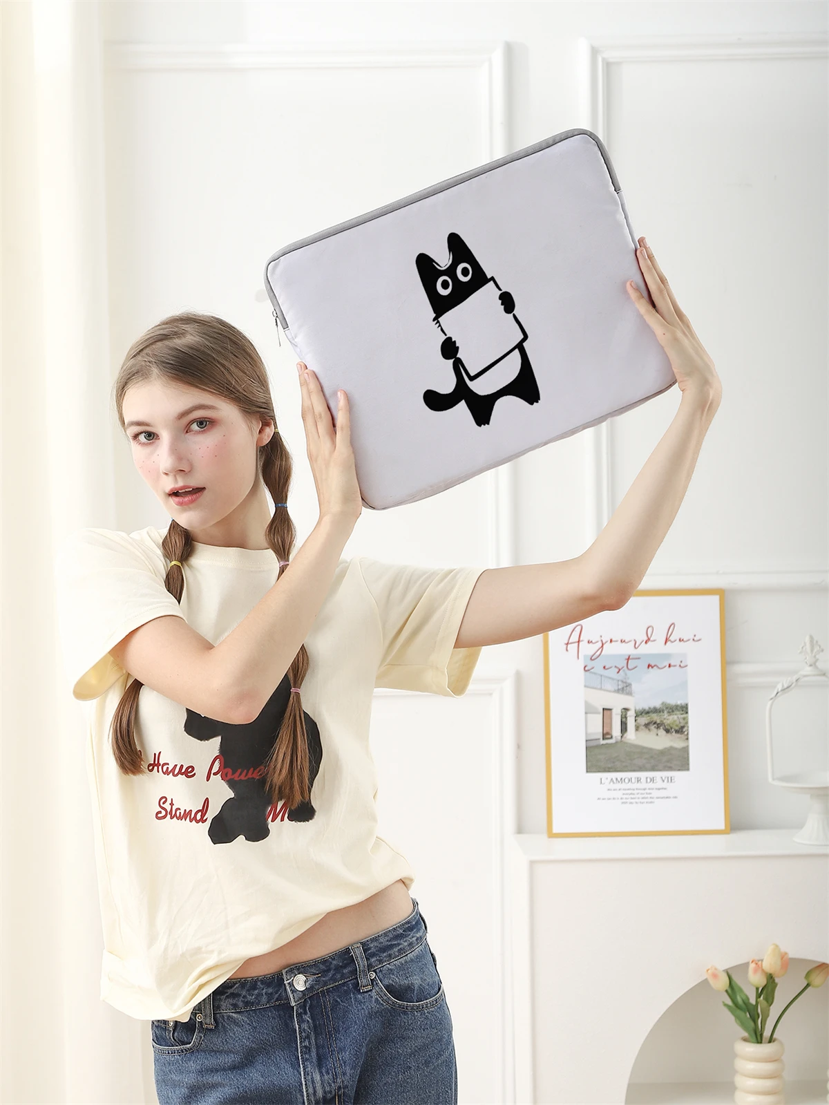 Black cat pattern laptop bag and briefcase, suitable for 14 inch laptops