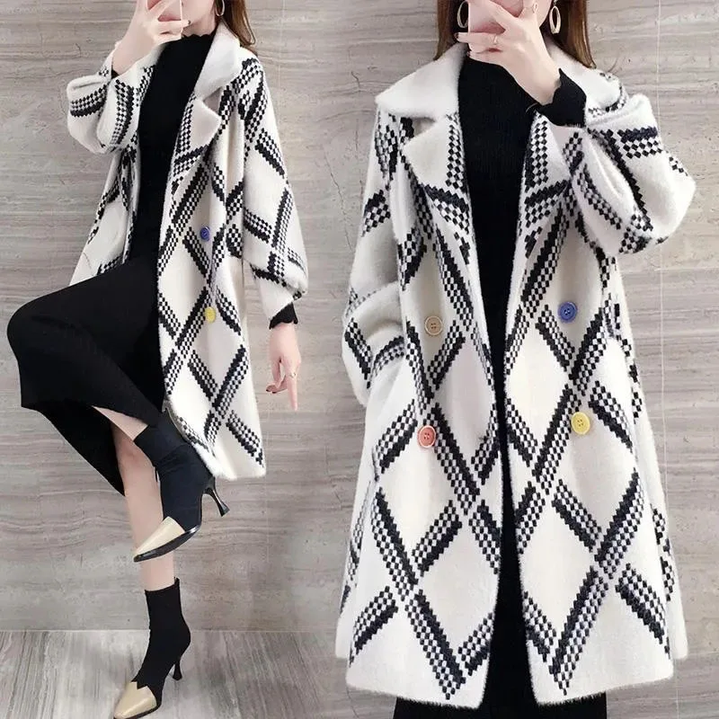 

New Autumn Winter Warm Mink Coat Women Plaid Imitation Mink Jacket Casual Woolen Jackets Female Thick Long Parker Overcoat Blue