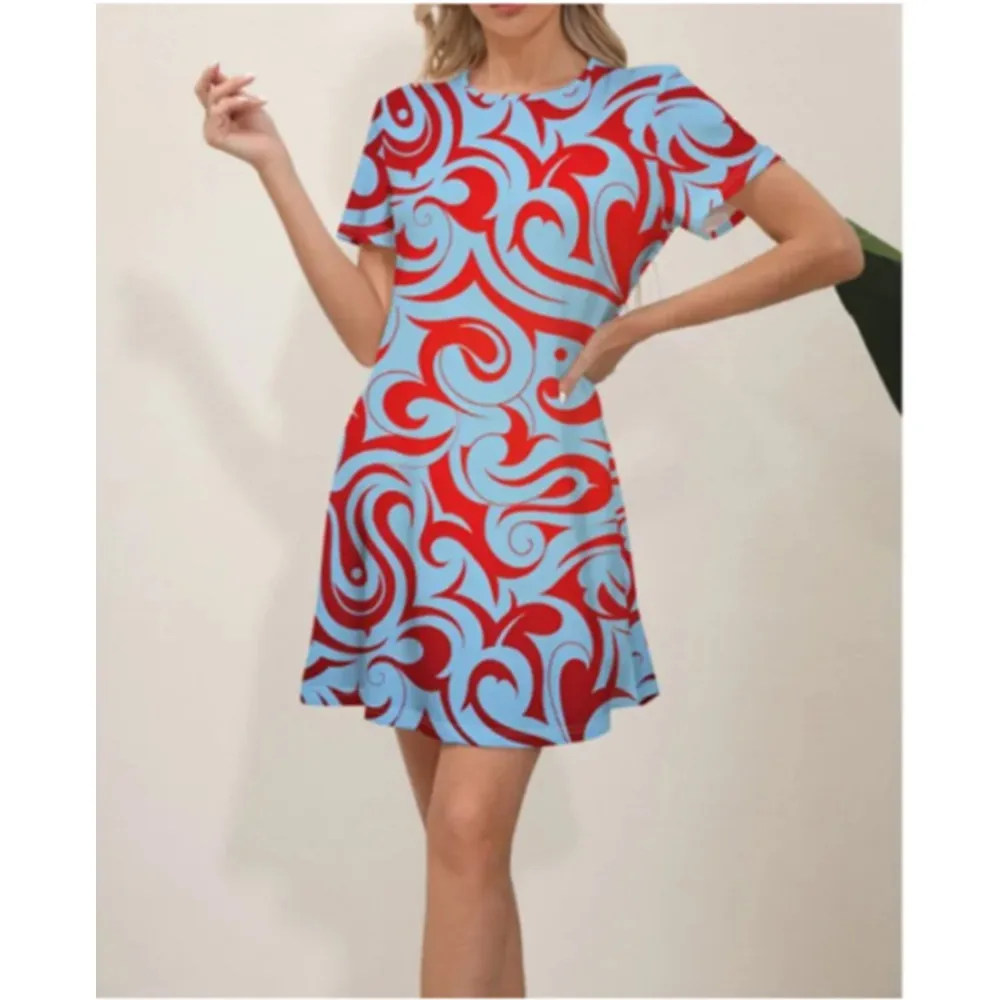 

Classic 3D printed women's summer mini loose fitting dress short sleeved round neck fashionable clothing casual street wear wome