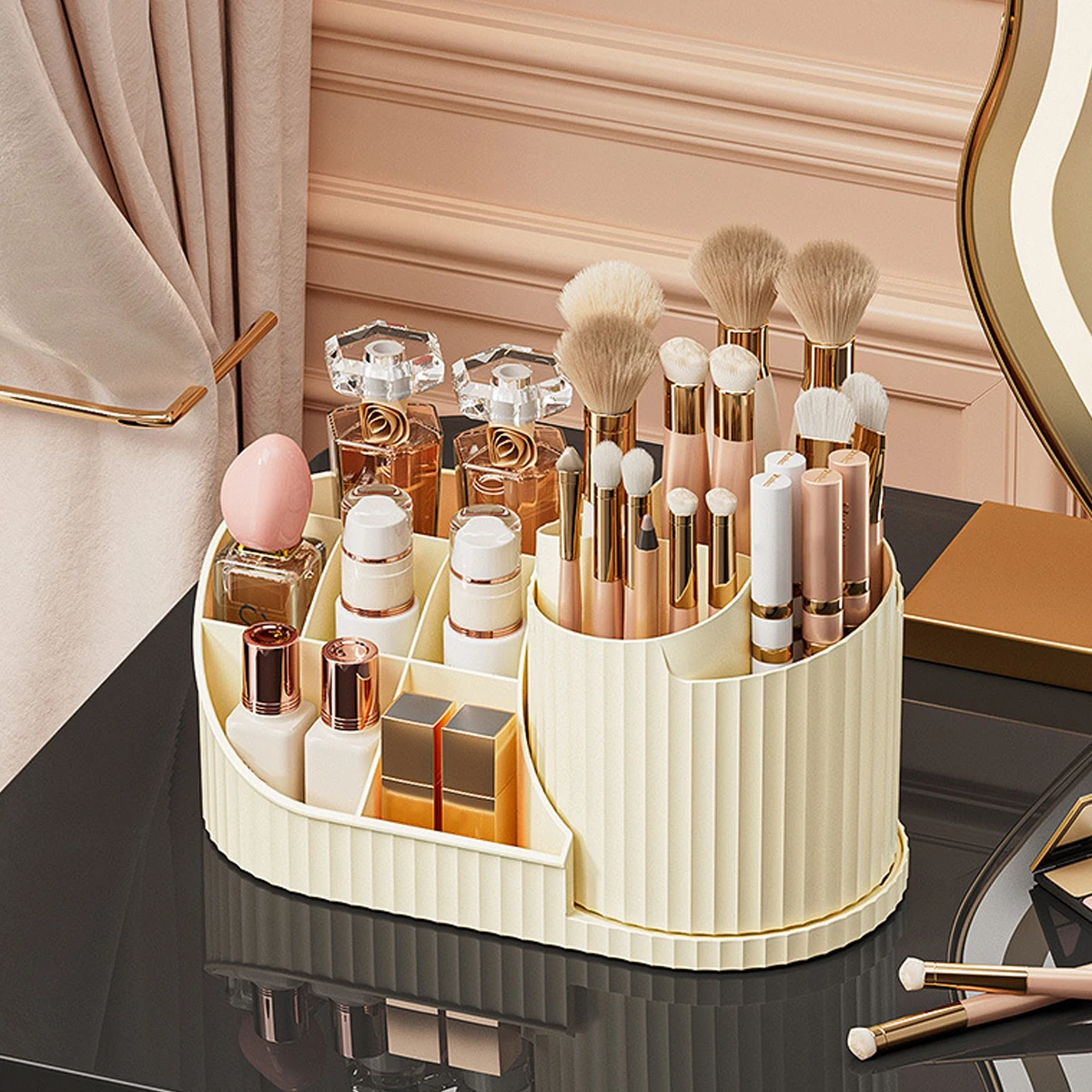 Makeup Organizer Carousel with 360 Degree Rotation  Plastic Countertop Cosmetic Storage Display Multi Compartment Organizer 3