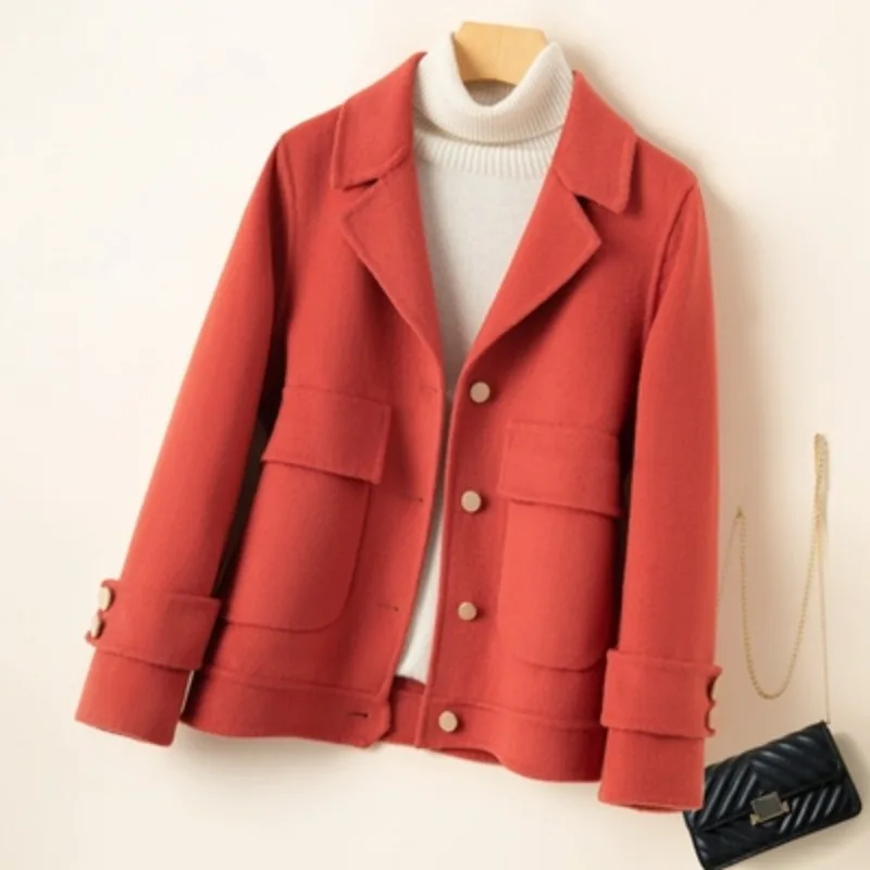 2023 Autumn Winter New Women Fashion Turn-Down Collar Double Sided Wool Coat Female Temperament Slim Fit Casual Cashmere Jacket
