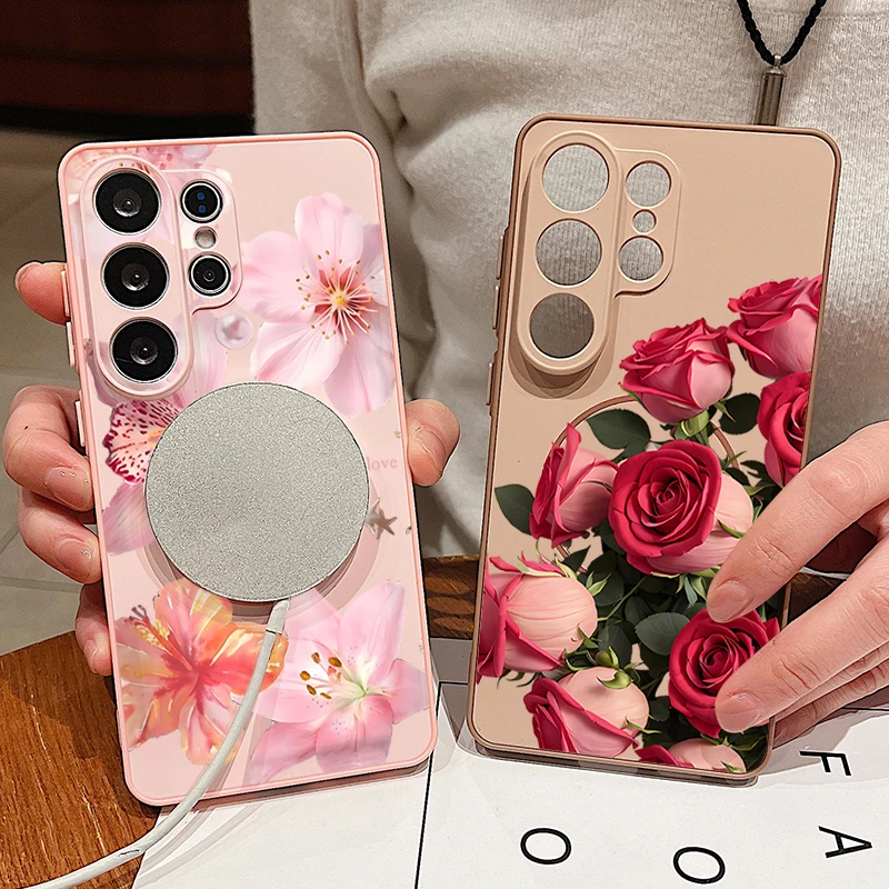 Pink Flower Pattern Magnetic Phone Case - Stylish Protective Hard Cover