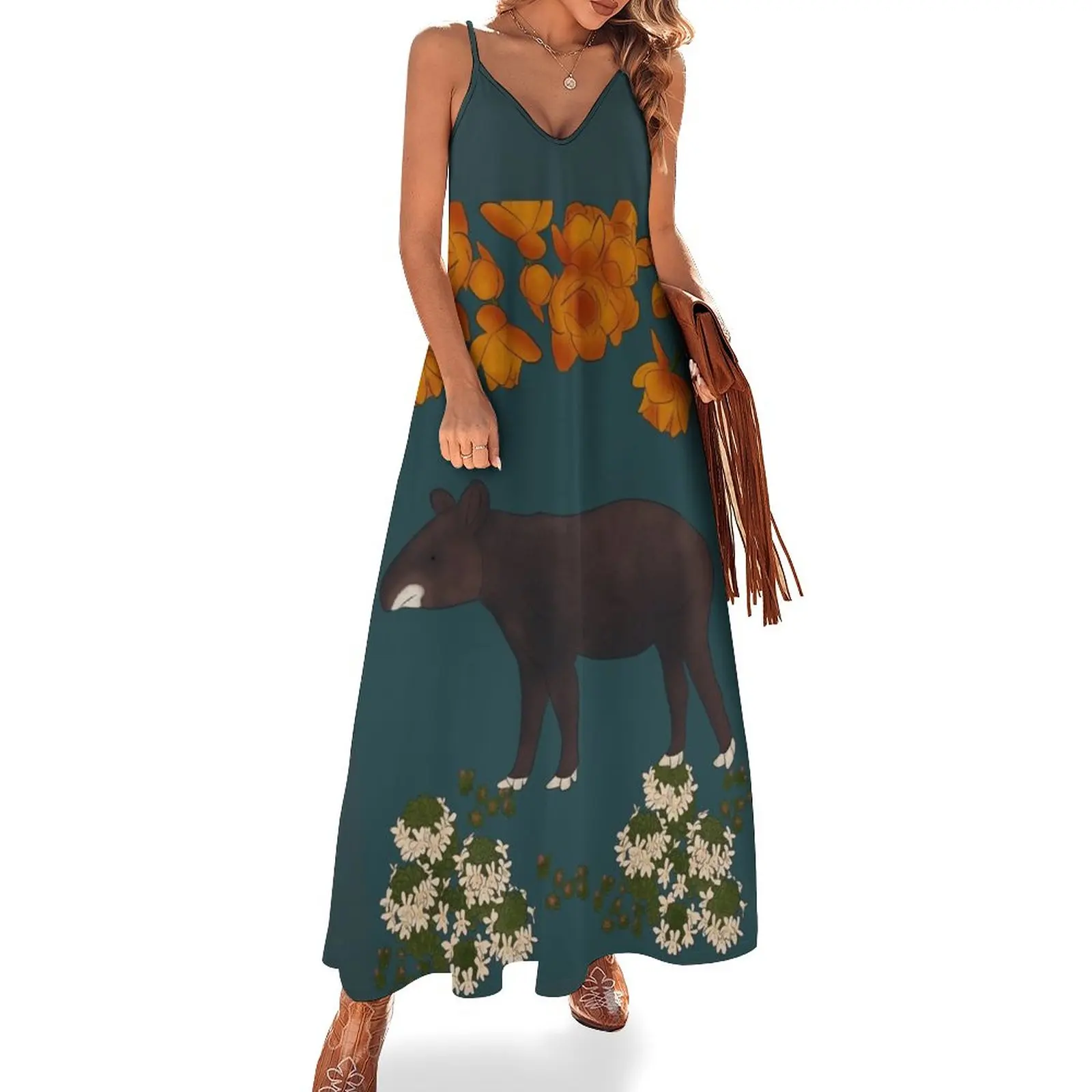 

Tapir with with Flowers - Teal and Orange Sleeveless Dress evening dress women clothes Clothing