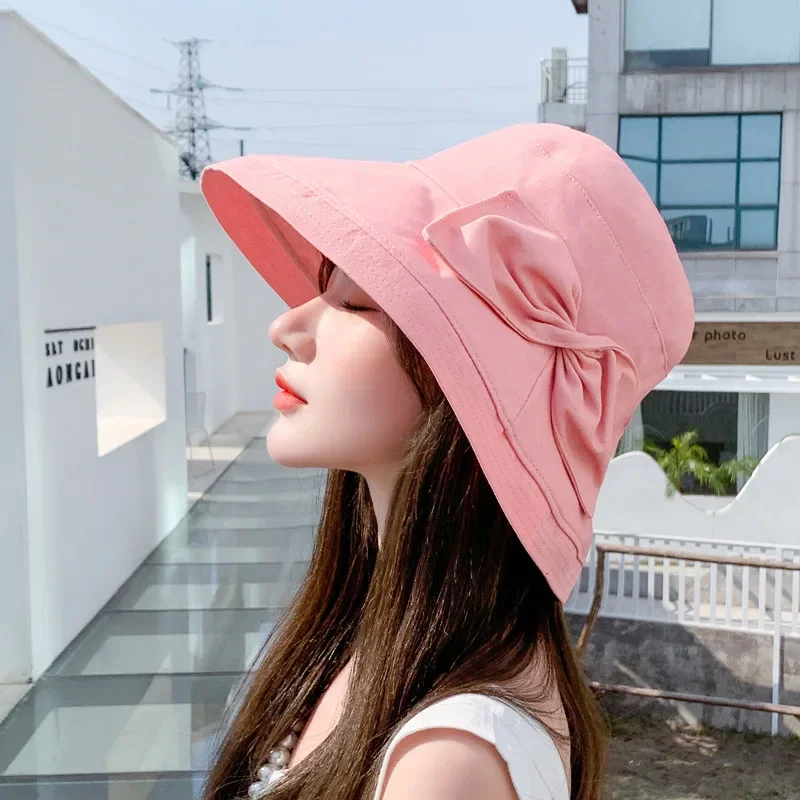 New Women Summer Bucket Hat Sunscreen Cap Beach Outdoor Ladies Panamas Bowknot Foldable Sun Hat Breathable Headwear
