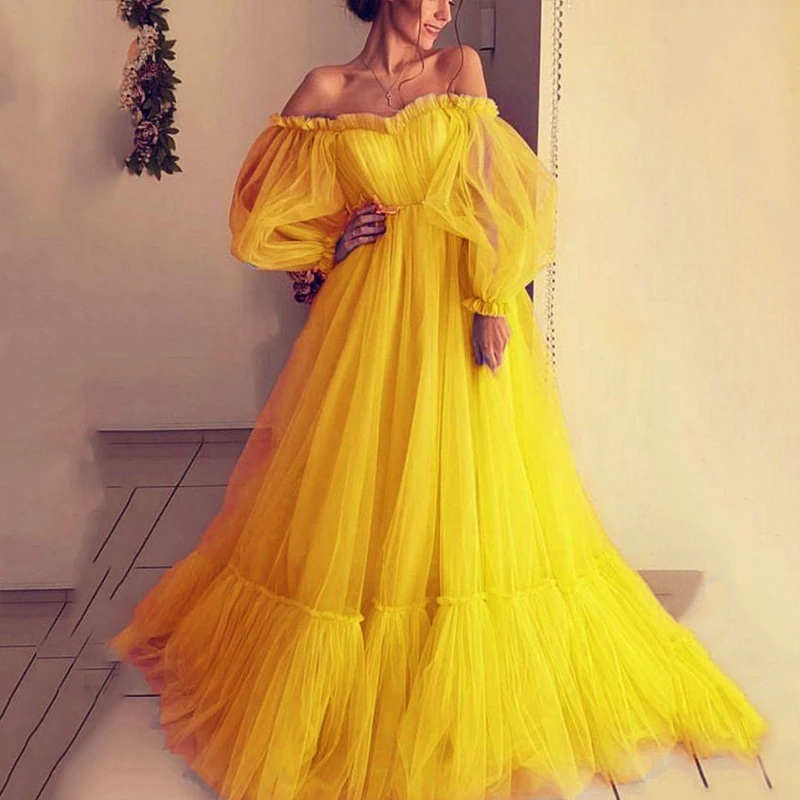 Off Shoulder Sweetheart Overlay Tulle Champagne Bloom Flower Bridal Gowns Women Dress Fairy Solid Color Puffy Mesh Wedding Dress