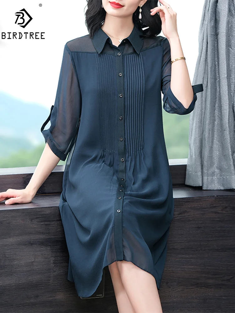 

BirdTree, 100%Natural Silk Elegant Shirt Dresses, Women Short Sleeve Solid, Commute Satin Mom Dress, 2024 Summer New D440136QM