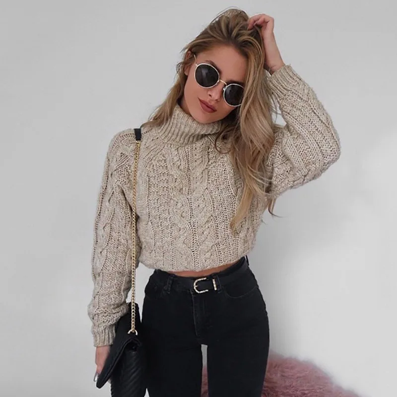 

Women's Winter Casual Knitted Sexy Umbilical Twist Pullover Sweater Pull Femme Female High Collar Tricot Jersey Jumper Clothing