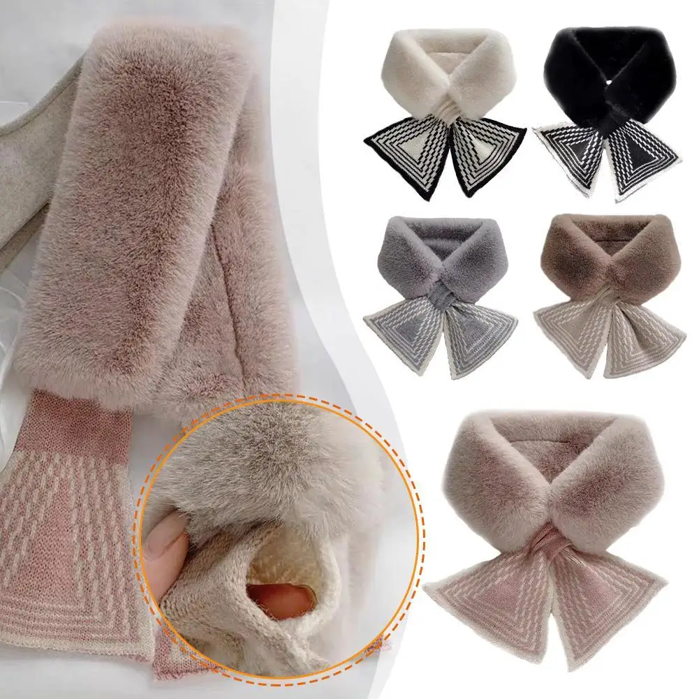 

Luxurious Winter Faux Fur Plush Scarf For Women Plush Scarf Bow Faux Fur Collar Neck Knitted Wool Scarves Shawl Warm Wrap