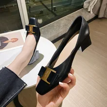 

Genuine Leather Pumps Women's 2022 Spring New Low-Cut Chunky Heel Women's Shoes Square Toe Low Top Mid Heel