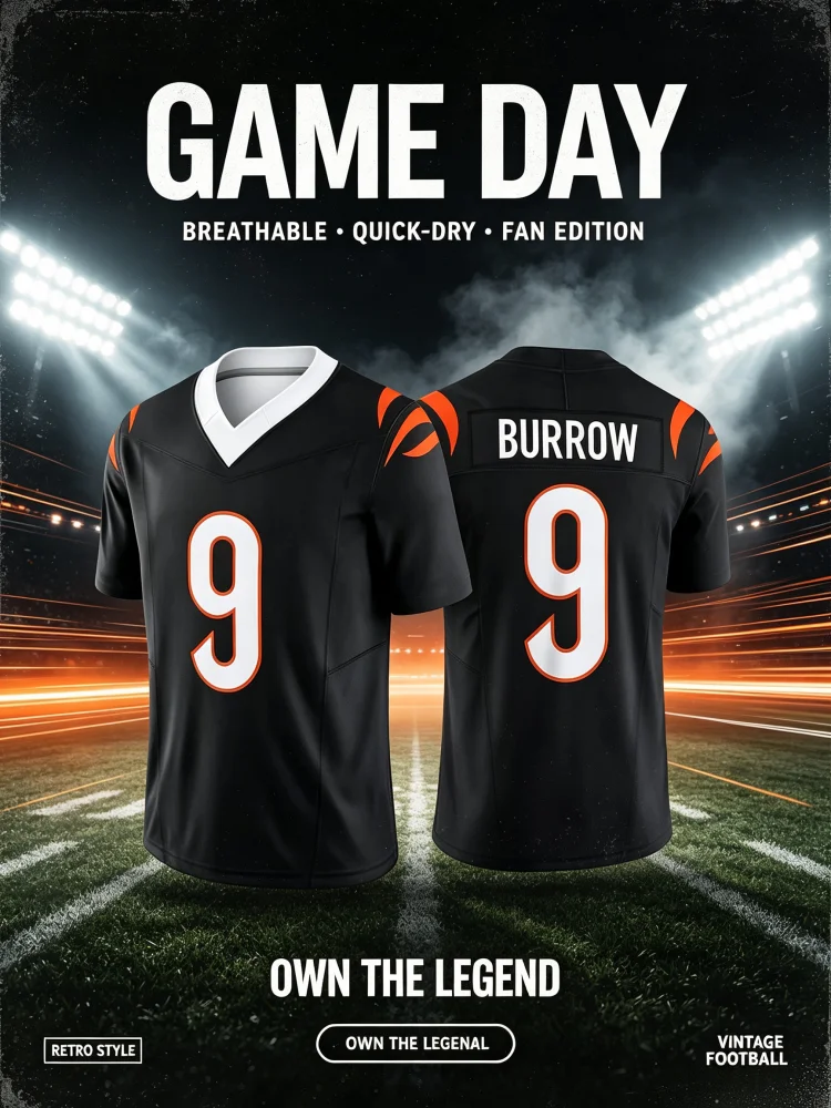 2026 Neues Herren Damen Nr. 9 Joe Burrow Schwarzes Cincinnati Football Trikot Atmungsaktives V-Ausschnitt T-Shirt für Fans Alltag Sport Familie Kinder T-Shirts