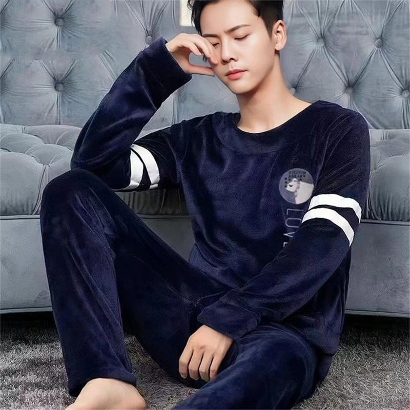

Winter Long Sleeve Thick Warm Flannel Pajama Sets for Men Soft Coral Velvet Knitted Sleepwear Suit Pyjamas Home Wear Clothes
