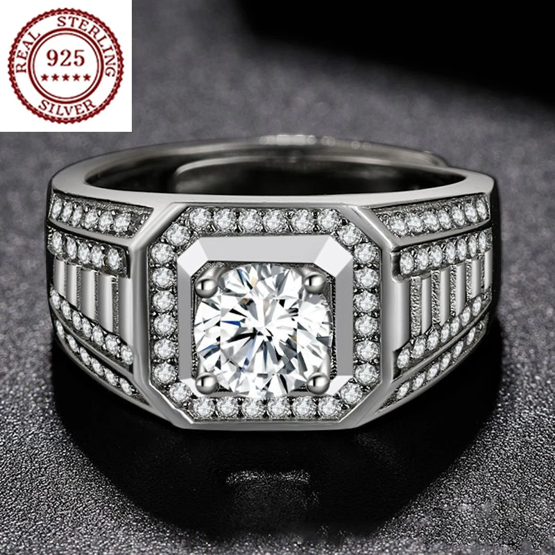 2021 New Creative Design S925 Silver All Over The Sky Moss Stone Men'S Diamond Wedding Ring Office Style Personality Jewelry