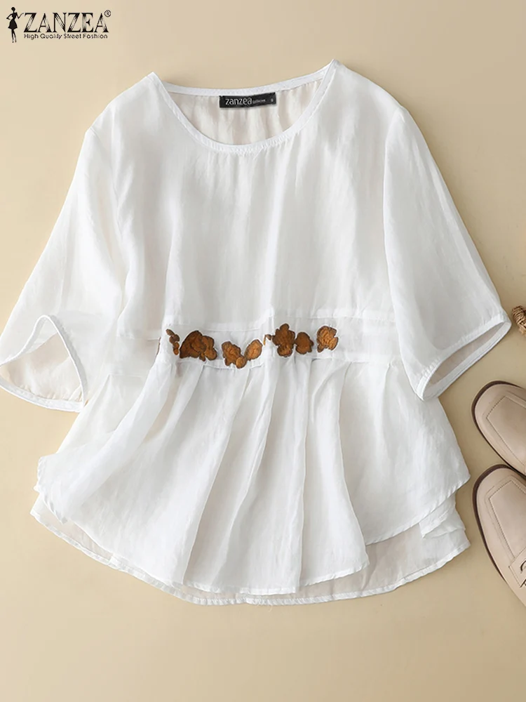 

2023 ZANZEA Fashion Half Sleeve Shirt Summer Floral Embroidery O-Neck Blouse Woman Holiday Cotton Tunic Tops Elegant Chemise