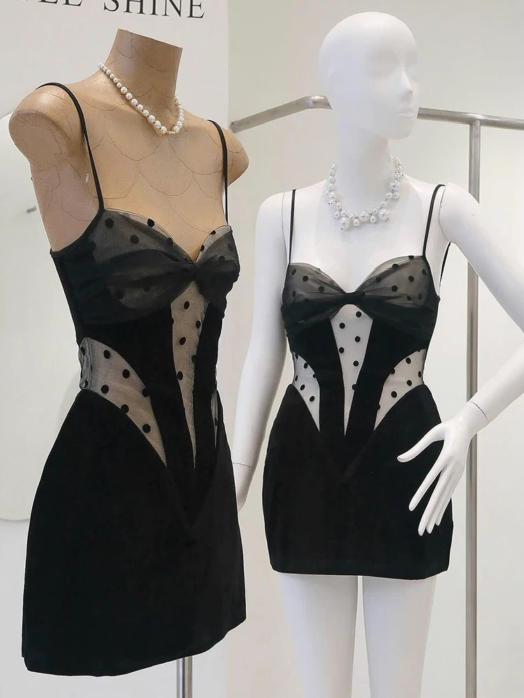 Nibber Polka Dot Dress Women Patchwork Mesh Low-Neck See Through Skinny Sexy Midnight Prom Party Fashion Classic Mini Bodycon