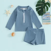 Long Sleeve Kids Boys Girls Swimwear Bikini Set Solid Color Front Zipper Toddler Swimsuit + Swim Shorts Infant Beach Wear 3