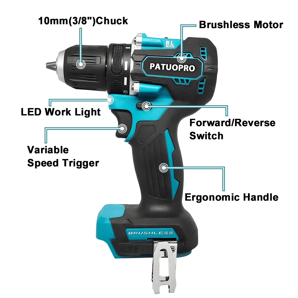 PATUOPRO 브러시리스 전기 드릴, 21 토크 목공 무선 휴대용 전동 공구, Makita 18V 배터리 (배터리 없음), 10mm