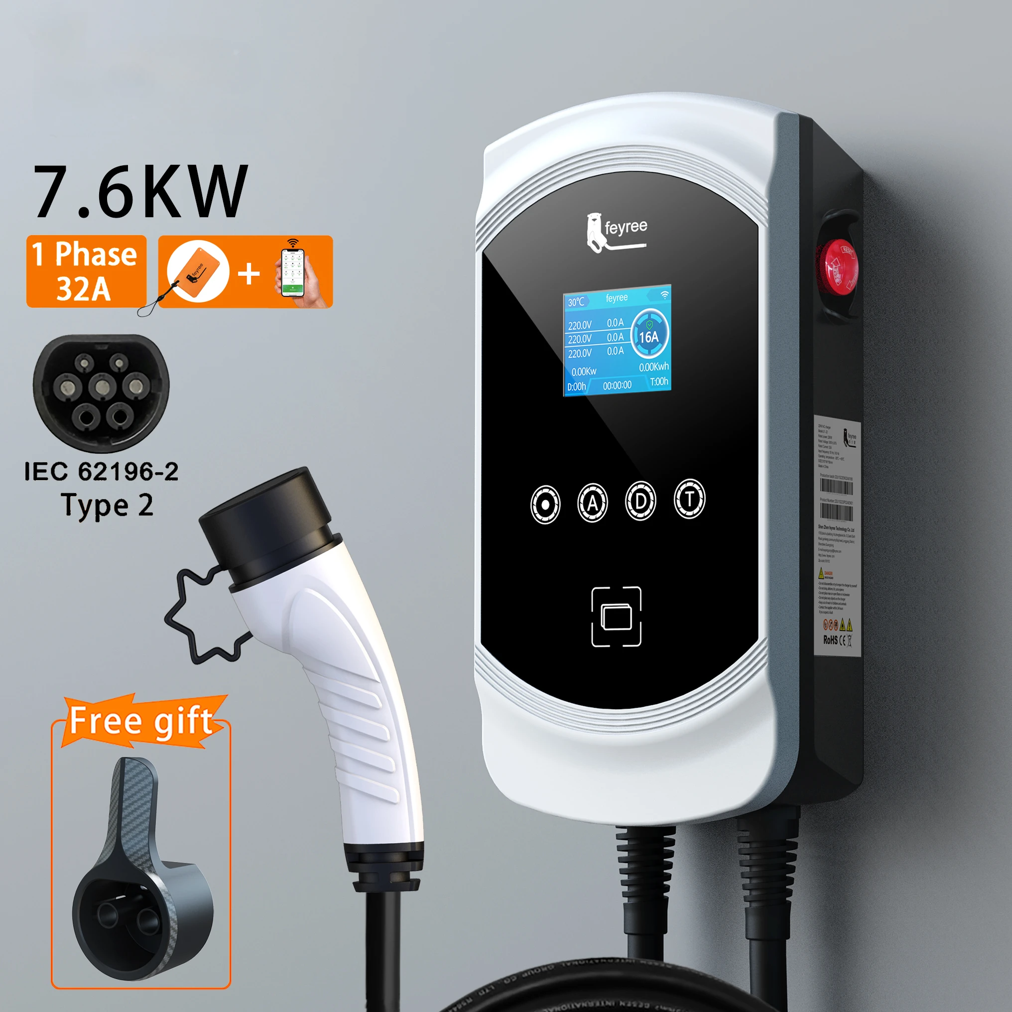 

EV Charger 32A 7.6KW Electric Vehicle Car Charger EVSE Wallbox 11KW 22KW 3Phase Type2 Cable IEC62196-2 Socket APP Control