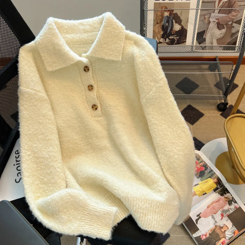 

Women Apricot POLO Collar Clothing Vintage Knitting Sweater Long Sleeve Casual Korean Fashion Baggy Female 2024 Winter NEW Tops