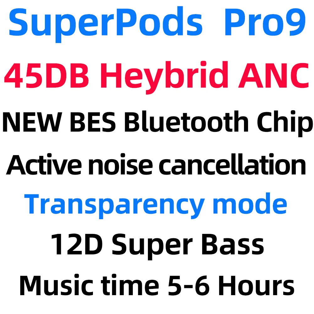 SuperPods Pro 9 TWS 45DB Dual ANC Earphones Wireless Bluetooth Earbuds Real Spatial Audio Noise Cancel Super Bass BES Chip | Электроника