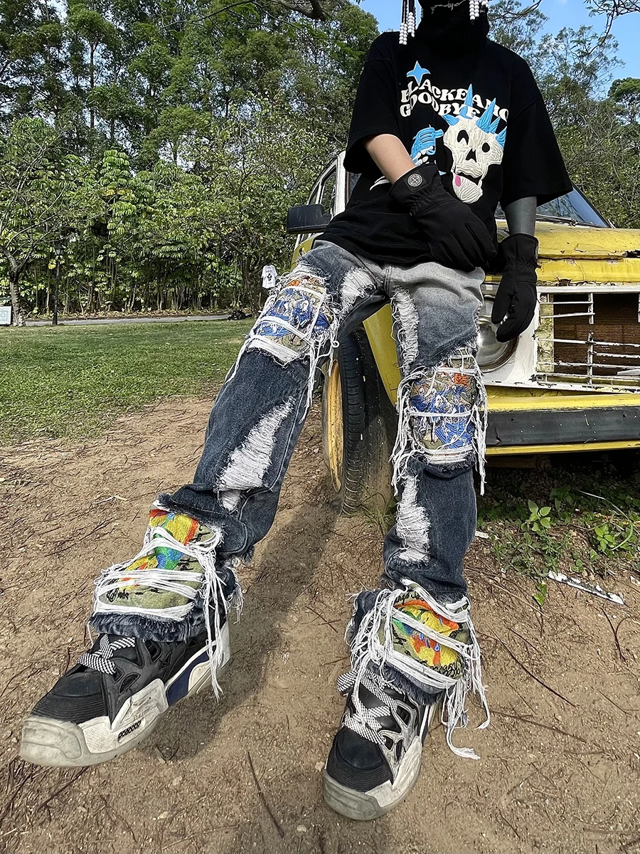 

European and American rumored men's retro high street hole heavy industry embroidery loose jeans dyeing high-end brand pants