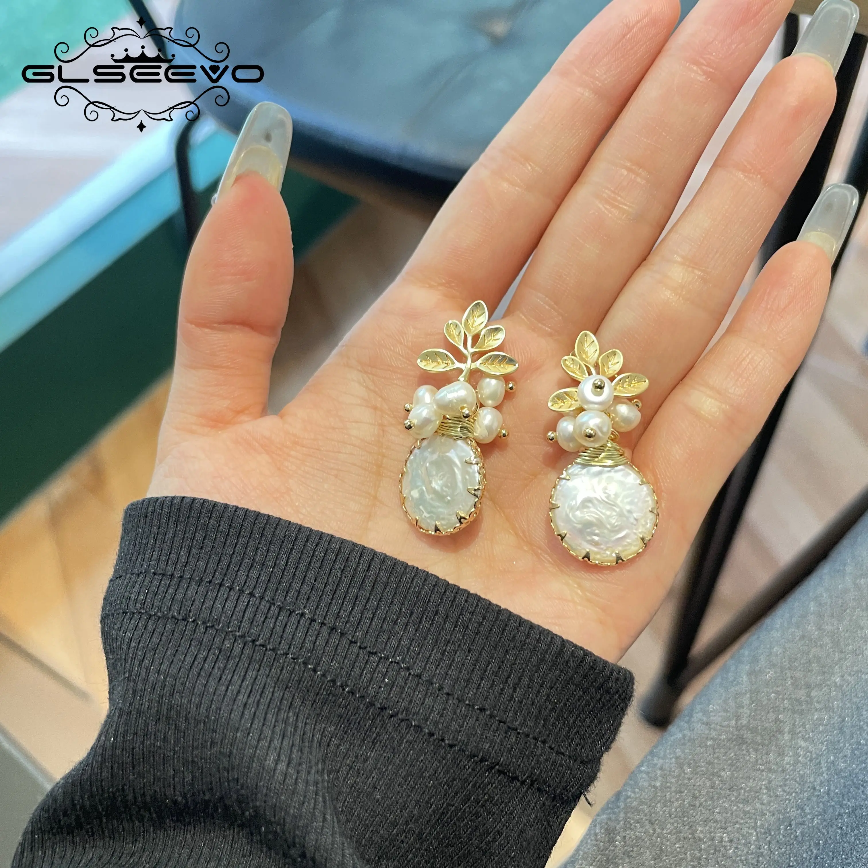 Pearl Earrings Womens Earrings GLSEEVO Natural Fresh Water Big Baroque Pearl Earrings Women Plant Leaves Dangle Earrings Luxury Handmade Fine Jewelry GE0308