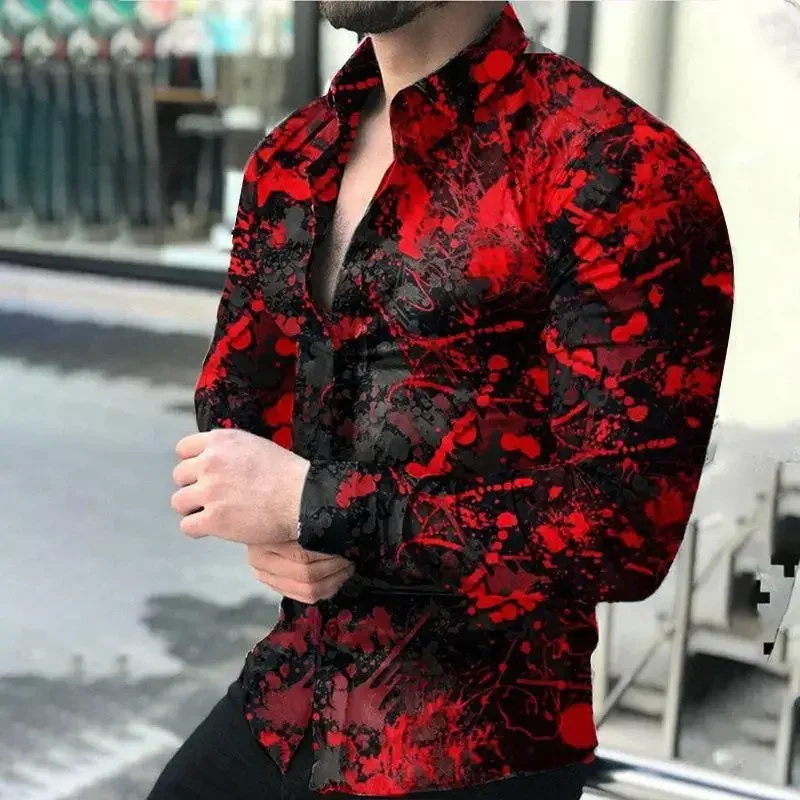 Spring Autumn Men's Luxury Comfortable Social Club Prom Bar Fashion Shirts Printed Lapel Designer Slim Long Sleeves