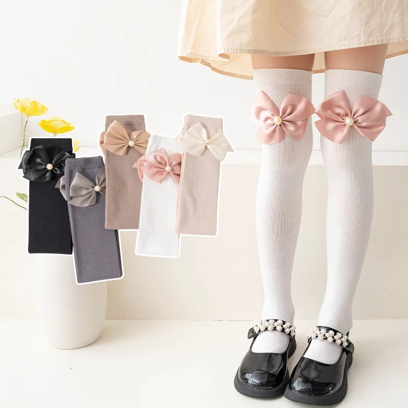 Kids Knee High Socks Soft Cotton Cute Children Girls Breathable Long Socken For 3-12 Years Girl 19 Inch