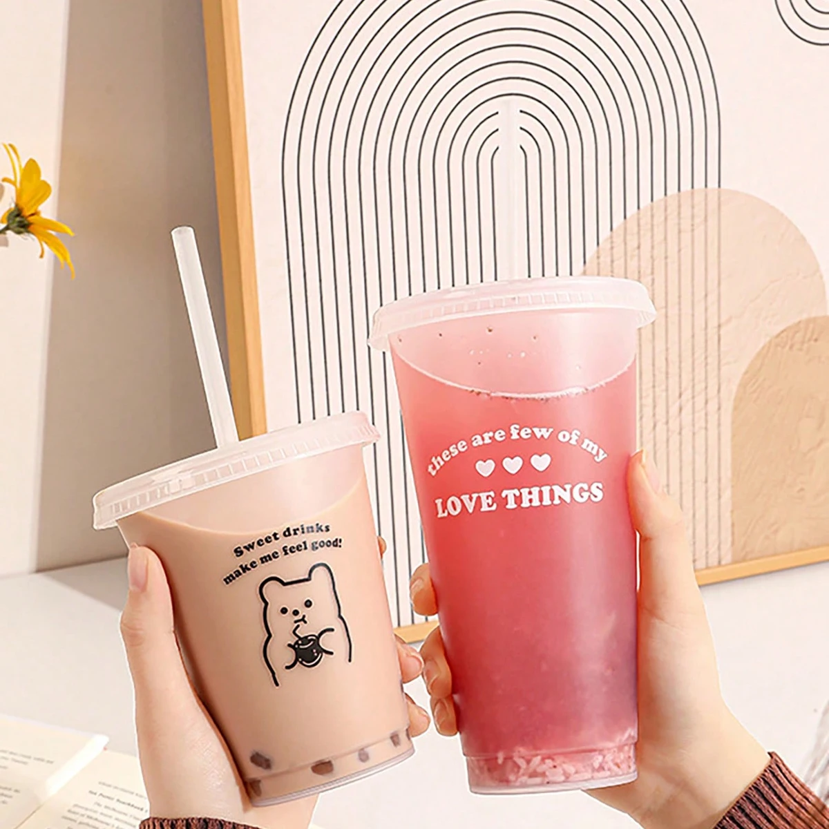 Milk Tea Cup Frosted Transparent PP Cartoon Plastic Straw Cup