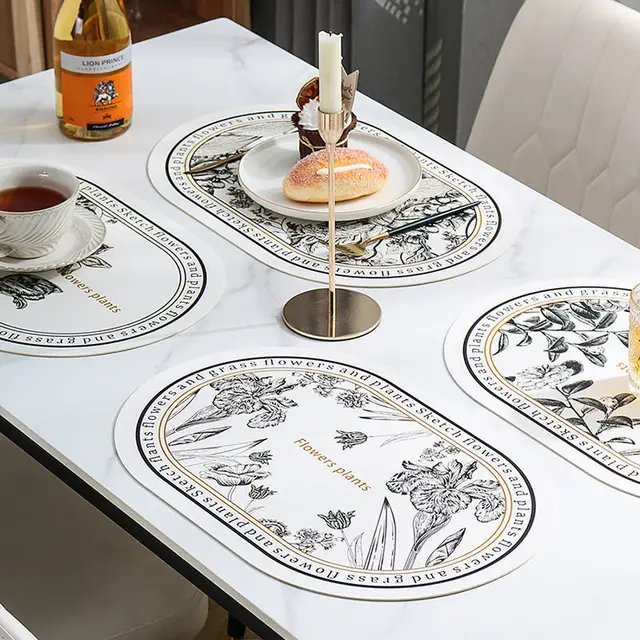 Északi Bőr Placemat Fekete -Fehér Virágmintás Vízálló Olajálló Hőálló Tál Szőnyeg Étkezési Asztal Dekoráció