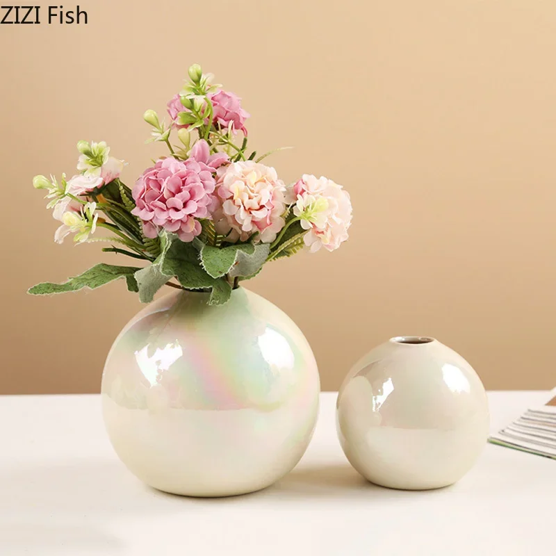 مزهرية سيراميك بيضاء متدرجة ملونة لؤلؤية لتزيين المكتب تشكيلة زهور مزهرية زهور اصطناعية ديكور جمالي للغرفة