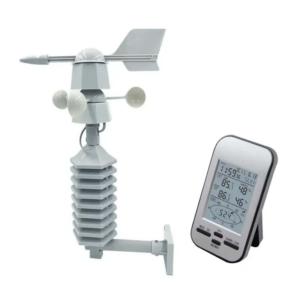 Wireless Anemometer Dual Mount Wind Sensor LCD Weather Station Clock Wind Speed Direction Chill Home Temperature Humidity Meter