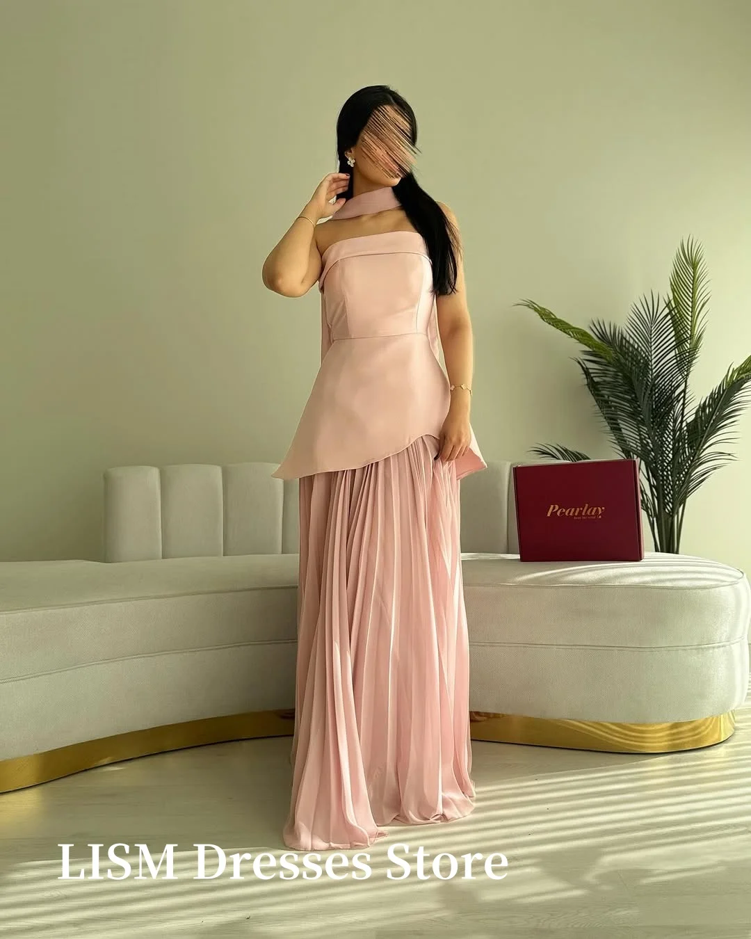 LISM Elegant Blush Pink Formal Evening Dresses With Scalf Arabic Women Chiffon Long Prom Gowns Wedding Party Customized