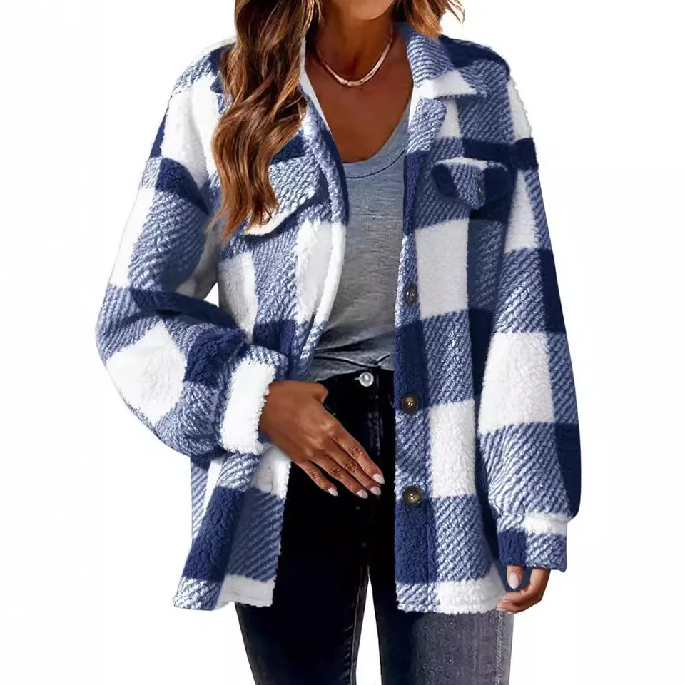 2024 New Autumn and Winter with Pockets Plaid Lambswool Jacket