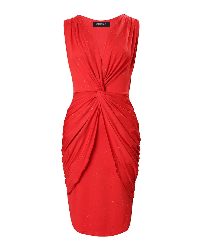 New Sexy Women Twist Design Plunging Neck Glitter Party Dress Summer Sleeveless Elegant Bodycon Mini Skinny Dresses Red