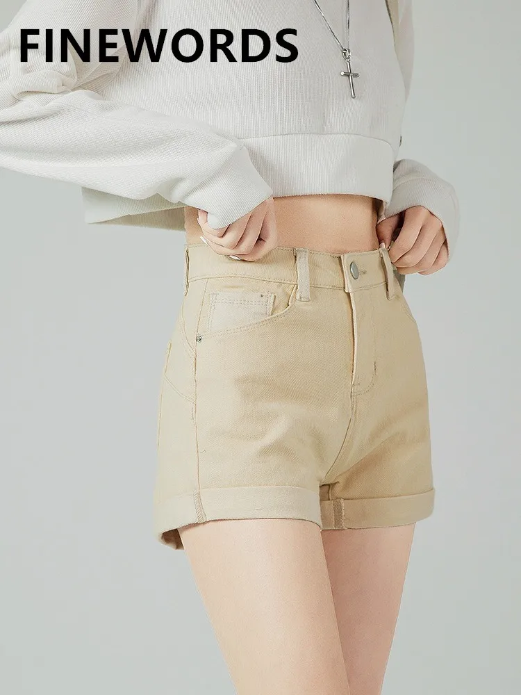 

FINEWORDS Vintage Khaki High Waist Denim Shorts Women Korean Casual Cuff Jean Shorts Loose Streetwear Harajuku Hot Short Pants