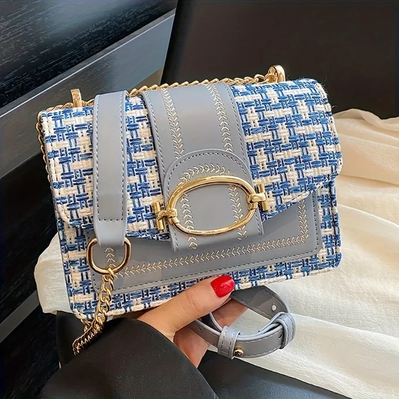 Elegant small crossbody bag made of tweed with an adjustable strap, modern buckle closure - available in cream, green, blue, and black.