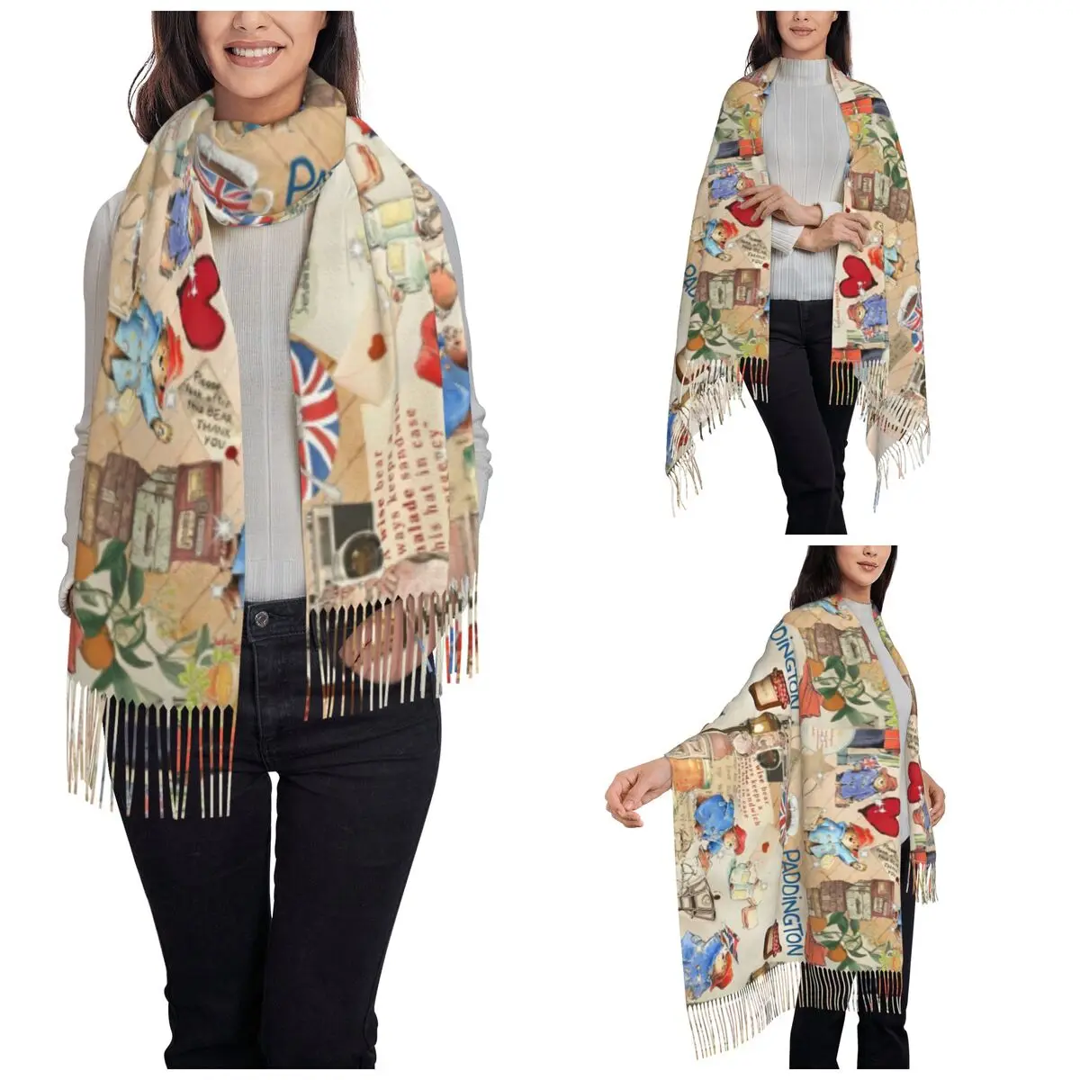 Womens Tassel Scarf Britain Paddington Brown Bear Long Soft Warm Shawl and Wrap Cute Movie Cartoon Daily Wear Cashmere Scarf 2