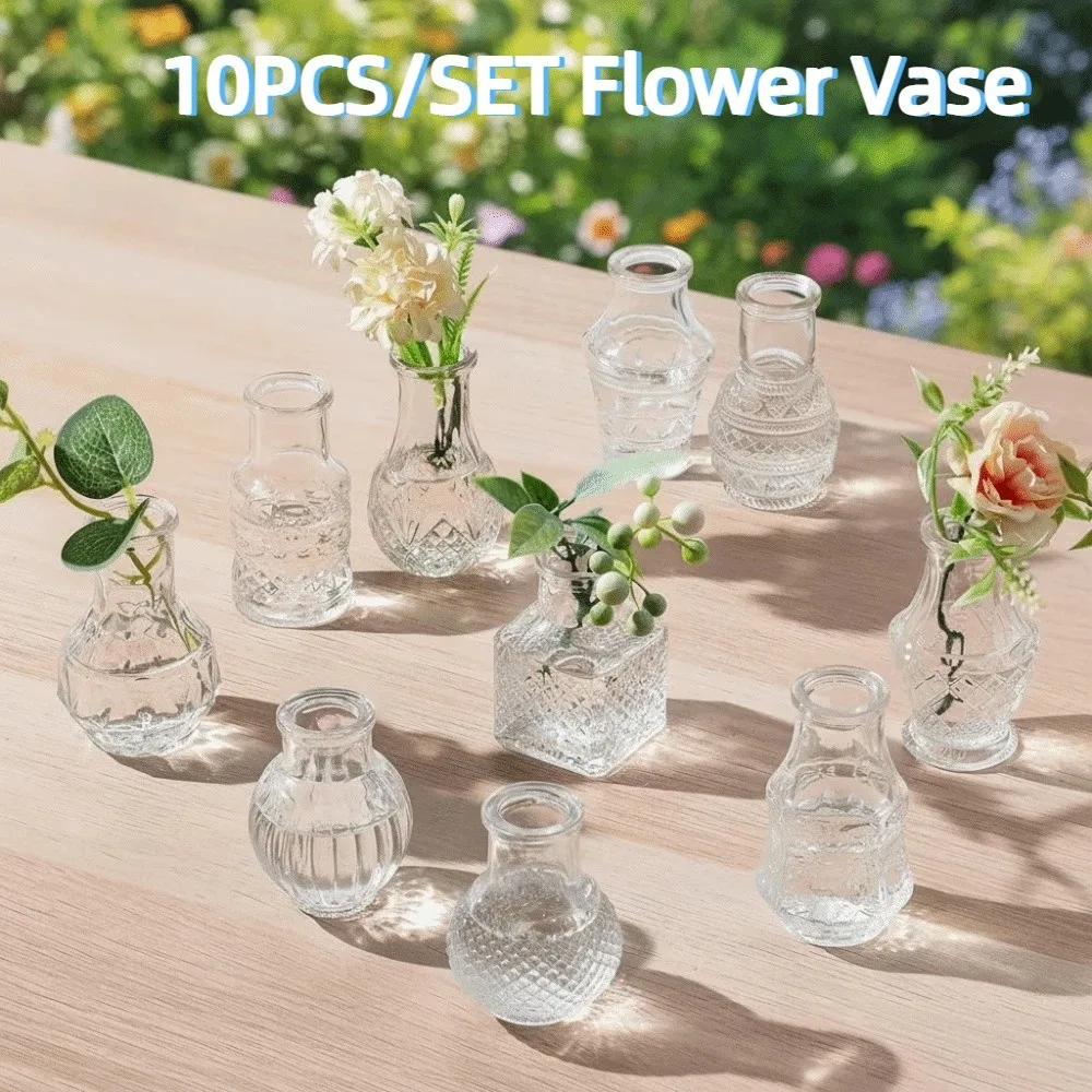 10PCS/SET Retro Relief Mini Glass Vase European Style Decorative Small Vase Set Crystal Clear Elegant Transparent Vase