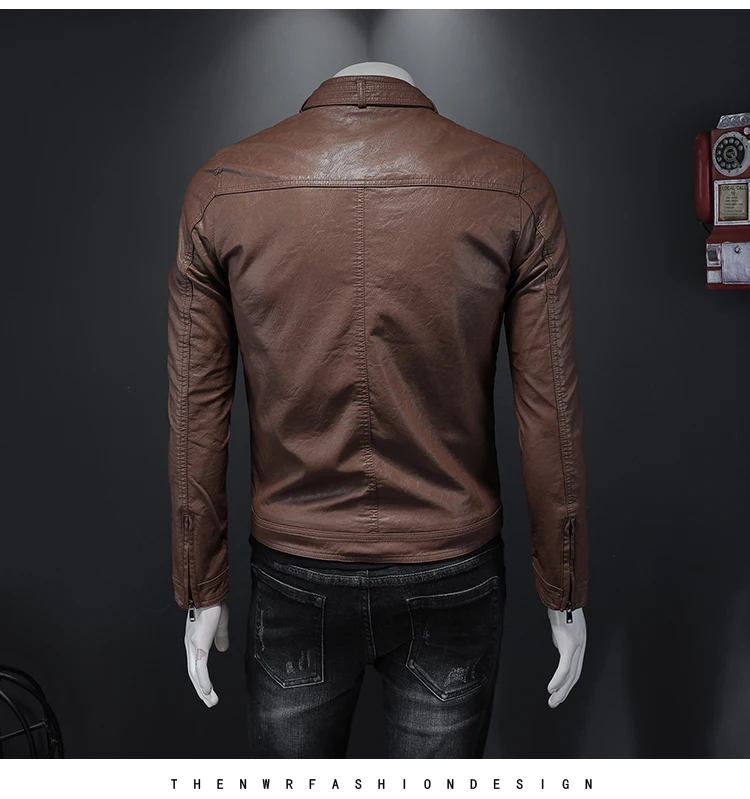 mens leather jacket with hood Autumn Winter Stand-up Collar PU Jacket Men's Motorcycle High-end Slim Leather Jacket Trendy Men Imitation Leather Handsome Coat dark brown leather jacket