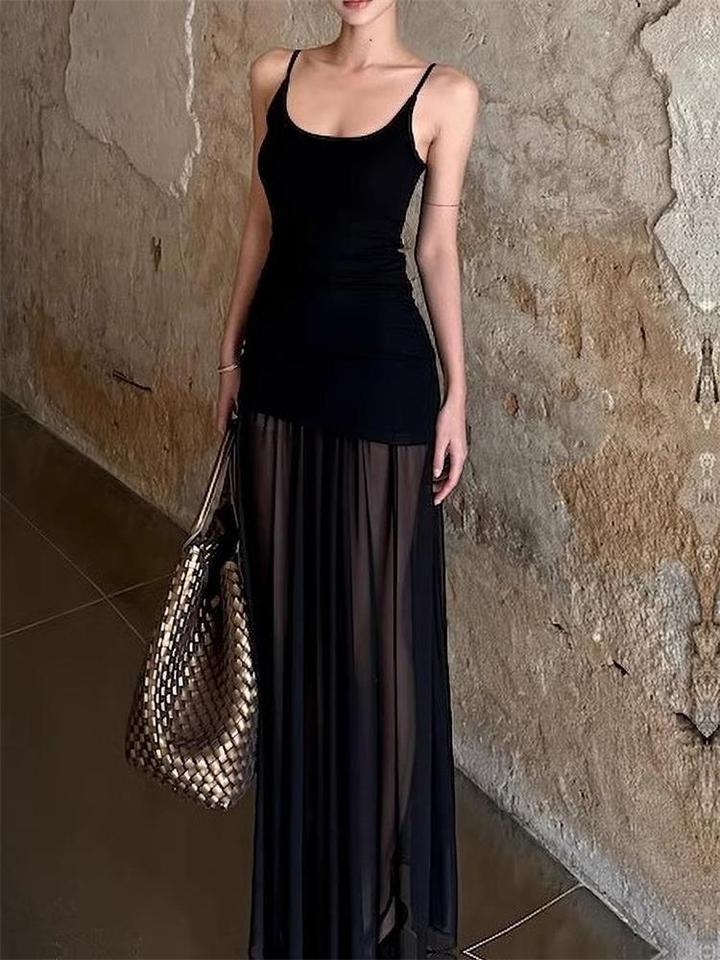 Elegant Mesh Patchwork Sleeveless Women Maxi Dress Bodycon Party Club Evening Dress Sexy See Through Vestido Clothing