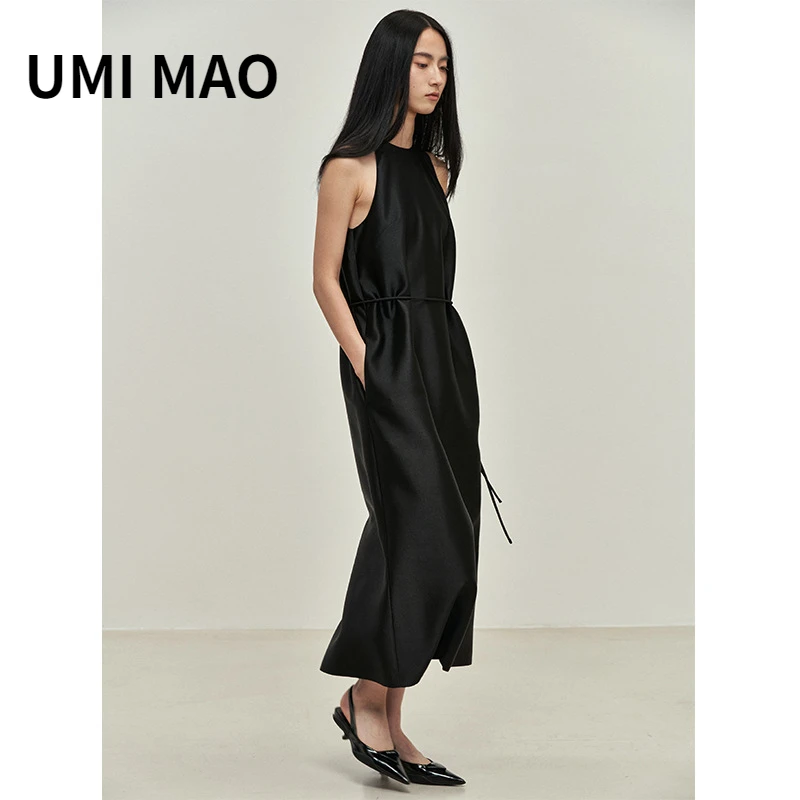 

UMI MA Commuter Spring New Temperament Light Luxury Medium Long Black Satin Necklace Dress Women Femme Y2K